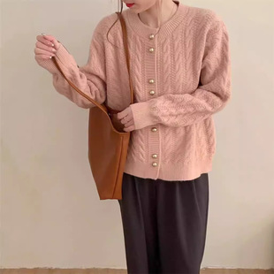 Autumn 2024 New Vintage Twist Gold Buckle Gentle Knitted Cardigan Round Neck Comfortable Design Sweater Top