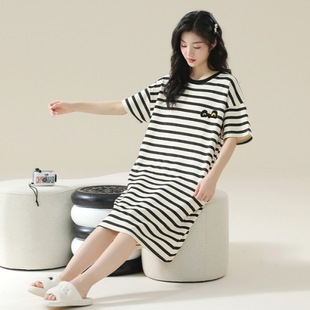 Loose plus size cotton nightdress for women 7A antibacterial short sleeve mid-length summer new round neck dress student home wear
