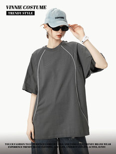 American retro blockbuster 260G contrast color lines round neck T-shirt women's summer double yarn cotton street trend casual short sleeve