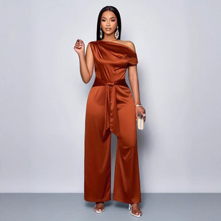 2025 Summer European and American Cross-Border Amazon Ebay European and American Solid Color Fashion Slim Fit Slant Collar Button Women's Jumpsuit