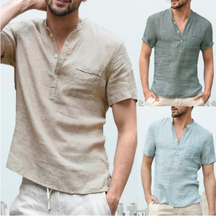 Summer new cotton and linen short-sleeved men's T-shirt stand collar buckle half cardigan simple short-sleeved shirt