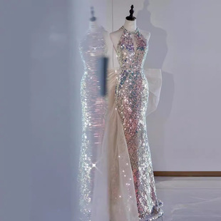 Halter sequined evening dress for ladies tight waist fishtail annual meeting host Yuji light luxury niche bride toast dress