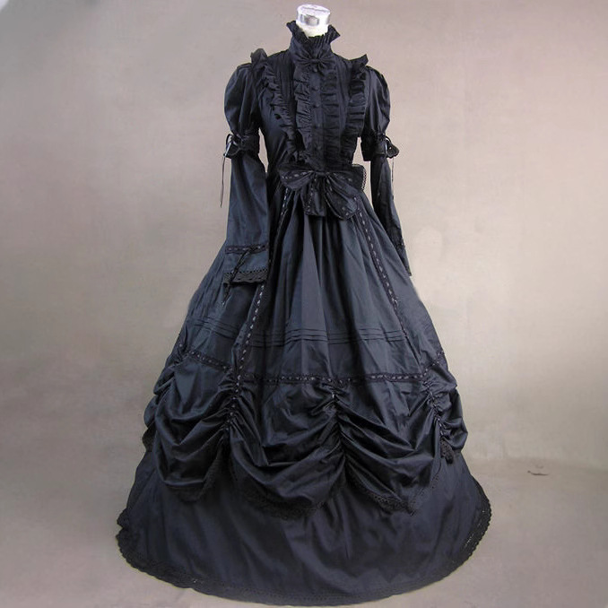 Classic All-Black Gothic Halloween Lolita Waisted Dress with Bow and Pirons