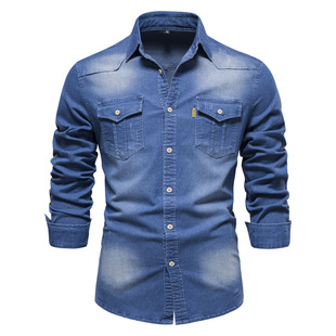 2024 Cross-border Explosions Trend New American Size Denim Non-ironing Shirt Men's Casual Solid Color Men's Long-sleeved Shirt