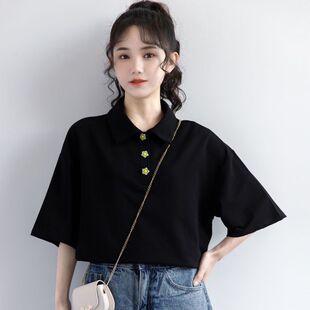 Summer Polo Shirt, Regular Shoulder Short-Sleeve T-Shirt, Plus-Size Women's Korean Version for Curvy Women 1.0-150kg, Loose Slimming Half-Sleeve Top