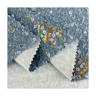 Butterfly sequins with holes in jeans European and American foreign trade beads embroidered elastic twill polyester cotton denim fabric Foshan