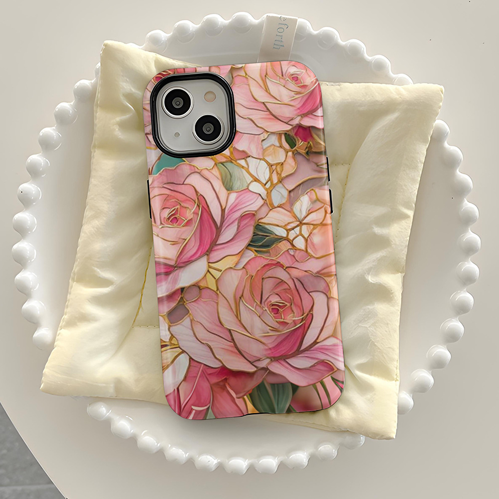 European-style glass-like floral design iPhone 15 art oil painting style 2-in-1 protective case, Apple 17 magnetic case