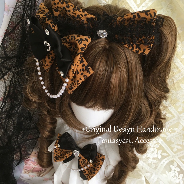 Rose Cat Leopard Print Japanese Style Gal Full Diamond Bow Hairpin Necklace Leopard Print Hair Hoop Y2K Hair Accessories