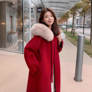 2024 Free Shipping Autumn and Winter Red Wool Coat Thickened Loose Hooded Large Wool Collar Imitation Cashmere Coat for Women