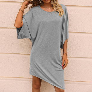 Amazon European and American Popular Round Neck Three-Quarter Sleeve Mid-Length Asymmetrical Skirt Casual T-Shirt Loose Dress