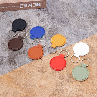 New Vintage Leather PU Round Keychain Bag Accessories Hanging Leather Leather Logo Silk Screen Color Logo