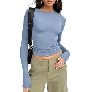 European and American cross-border women's long-sleeved shirt basic crop top autumn fashion layered workout slim top