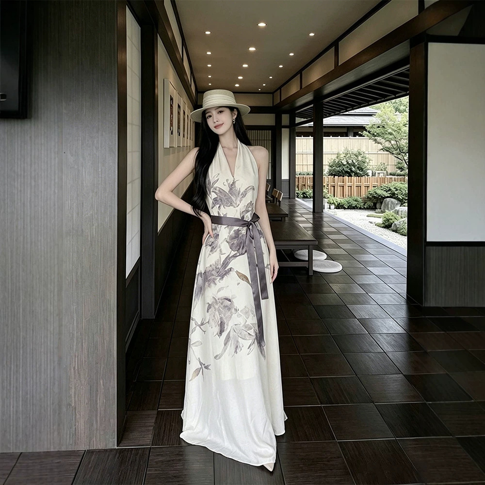 Youwei 2026 Super Stylish Dress for Women, Summer New Chinese Style V-Neck Halter Sleeveless Vest Dress Long Dress