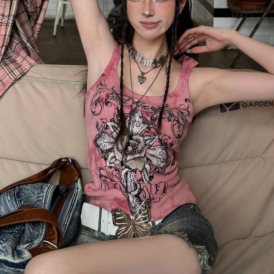 2026 Summer Year of the Dragon New Slim-Fit Rhinestone Cross Pattern Hot Girl Style Short Tank Top for Women