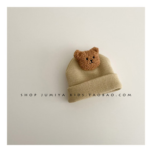 Ins South Korea Baby Wool Cap Winter Cyber Red Bear Cute 0-1 Year Old Boys' Warm Knitted Pullover Cap Trendy