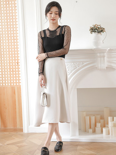 Lace Base Shirt Women's Long-sleeved Autumn New Mesh Hollow Sexy Slimming Fashionable Elegant All-match Base Shirt