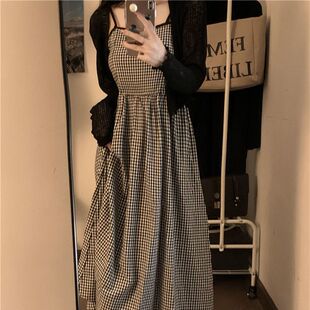 Dress for Women Spring & Fall 2024 New French Style Small High Waist Slim A-line Color Matching Plaid Suspender Long Women