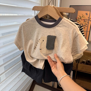 Cute baby elephant! Boys' All-match Cartoon T-shirt Children's Contrast Crewneck Bottoming Shirt Top Black Pants Two-piece Trendy