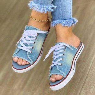 New 2020 Sandals European and American Plus Size Fish-mouth Denim Slippers Women's Flat Casual Half-sop Women's Lace-up Shoes