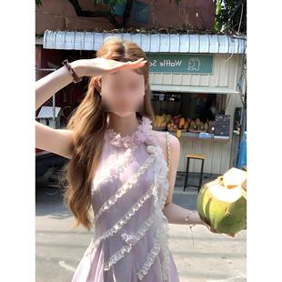 French Gentle Style Niche Design Waist Slimming Long Skirt Temperament Three-Dimensional Flower Halter Neck Dress Women's New Summer Style
