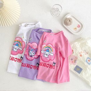 Kulomi Children's T-Shirt Short-sleeved Girl's Summer Dress Summer Cotton Sequin Color Changing Pattern Girl's Top T