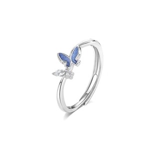 Cross-border Zircon Blue Butterfly Ring Mori Sweet All-match Fashion Ring Opening Adjustable Tanabata Festival Gift