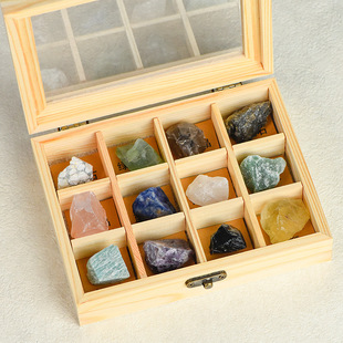 Wholesale Natural Crystal Ore Specimen Set Box Crystal Raw Stone Children's Popular Science Mine Logo Rock Wooden Box Gift Ornaments