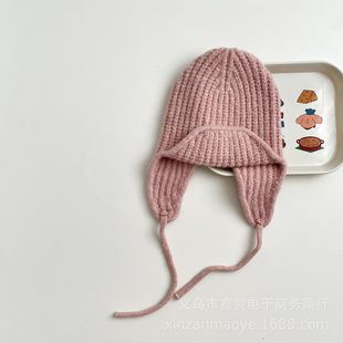 Korean children's knitted hat earmuffs autumn and winter solid color strap warm hat baby winter wear wool hat