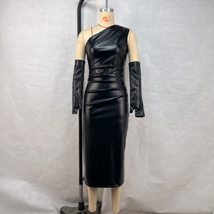Cross-Shoulder Leather dress Cross-Border European and American Women's Amazon Tight Wrap Chest Pleated Sexy Hip Split Skirt
