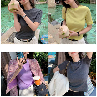 Spot manufacturers wholesale new solid color wool sweater short sleeve women's T-shirt 2024 new spring and summer t women