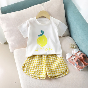 Summer new baby girls short sleeve shorts suit apple peach pineapple grape small fresh children's clothing wholesale