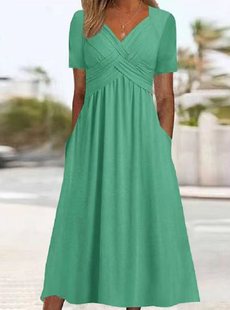 2024 autumn new Amazon cross-border Europe and the United States solid color V collar short sleeve personalized dress women's clothing