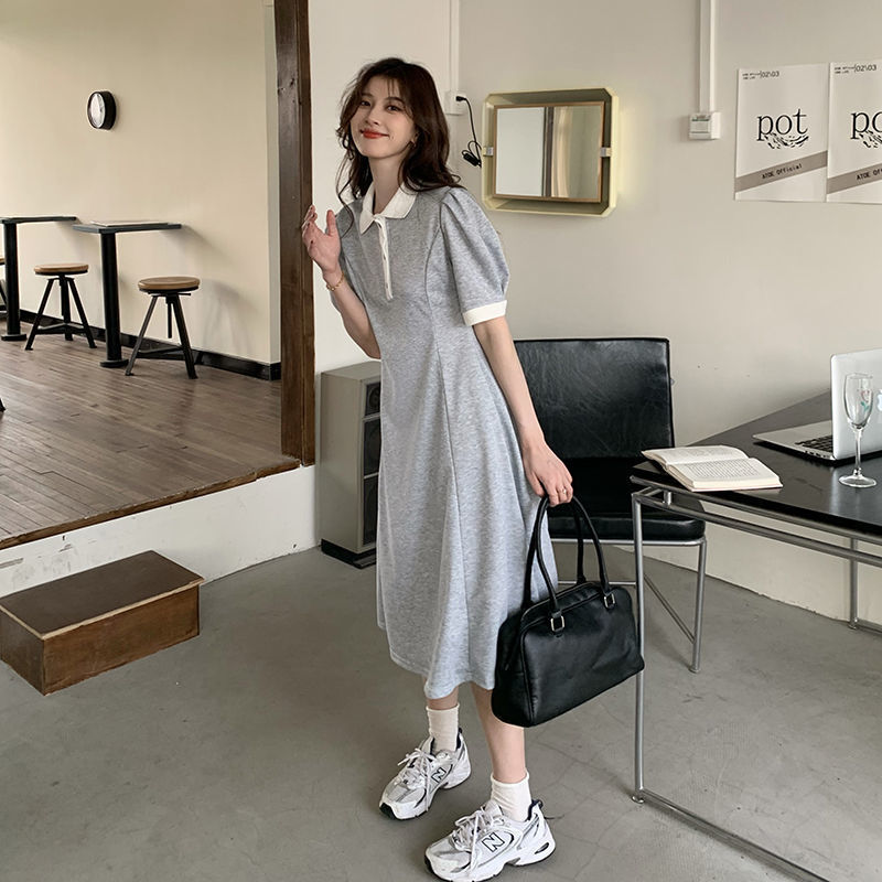 솔트 스타일 키 큰 반팔 A 라인 원피스 여성 여름 새로운 슬리밍 허리 핏 퍼프 슬리브 POLO 칼라 중간 길이 원피스