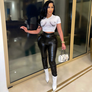 OS6527 Cross-border Autumn and Winter New Products Amazon European and American Women's Fashion Sexy Tight Pleated PU Leather Pants Women's Trousers