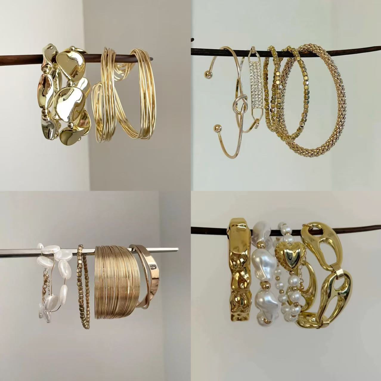 European and American Retro Exaggerated Gold Bracelet Set with Geometric Diamond-Encrusted Pearls and Unique Multi-Layered Design