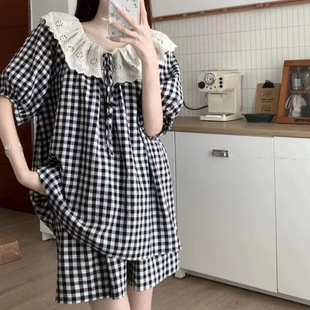 Pajamas Women's Summer Short-sleeved Shorts Korean Style Sweet Lace Plaid Home Clothes suit Cross-border Foreign Trade Live Explosions