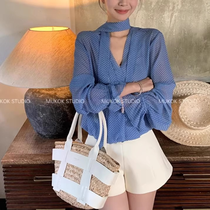 Mukok Southern French Summer Blue Polka Dot Lightweight V-Neck Shirt Women's Long-Sleeved Spring and Summer New Lady's Shirt Top