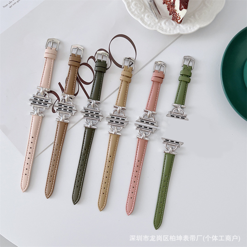 애플워치 스트랩 iwatch 스트랩 56789세대에 적합, se 우아한 여성용 D자형 버클 가죽 스트랩, 패셔너블