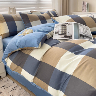 Ins Solid Color Skin-Friendly Washed Cotton Sanding Four-piece Set Bedding Non-Print Style Plaid Bed Sheet Quilt Cover Three-piece Set