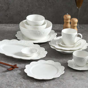 White porcelain tableware lace relief plate Bowl flavor dish high-looking ceramic tableware suit household soup bowl fish plate cup and saucer