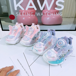 Girls' shoes with lights 2023 Winter new leather two cotton children's sneaker rotating button Princess Elsa shoes