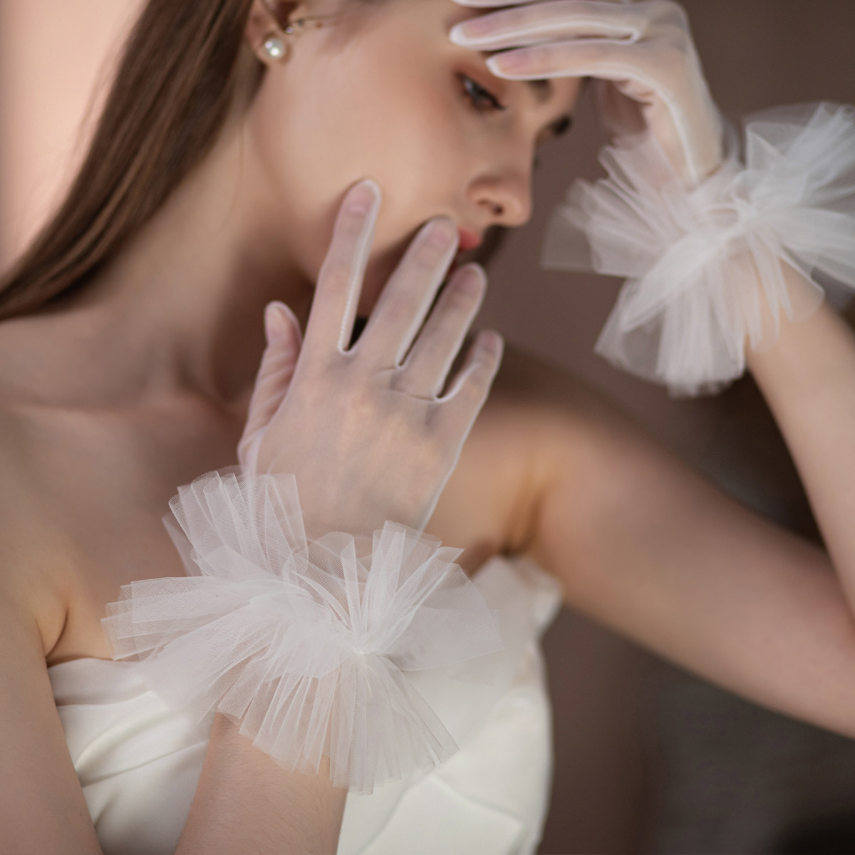 WG094 New ruffled wedding Gloves super fairy white short bridal wedding dress dinner party gloves