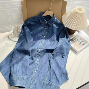 American Classic Pure Cotton Denim Washed Lazy Casual Shirt Long-Sleeved Lapel Colorful Horse Embroider for Men and Women Couples