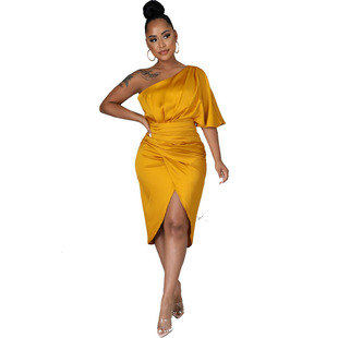HX0142 stretch satin solid color temperament sexy dress