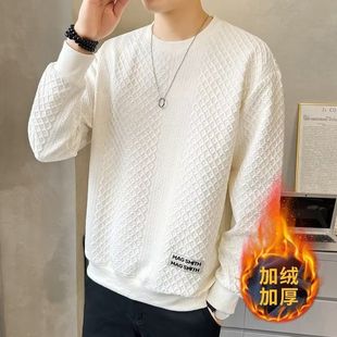 Men's sweater spring, autumn and winter 2023 new stitching round neck top casual fashion brand fleece-lined long sleeve thickened men's clothing