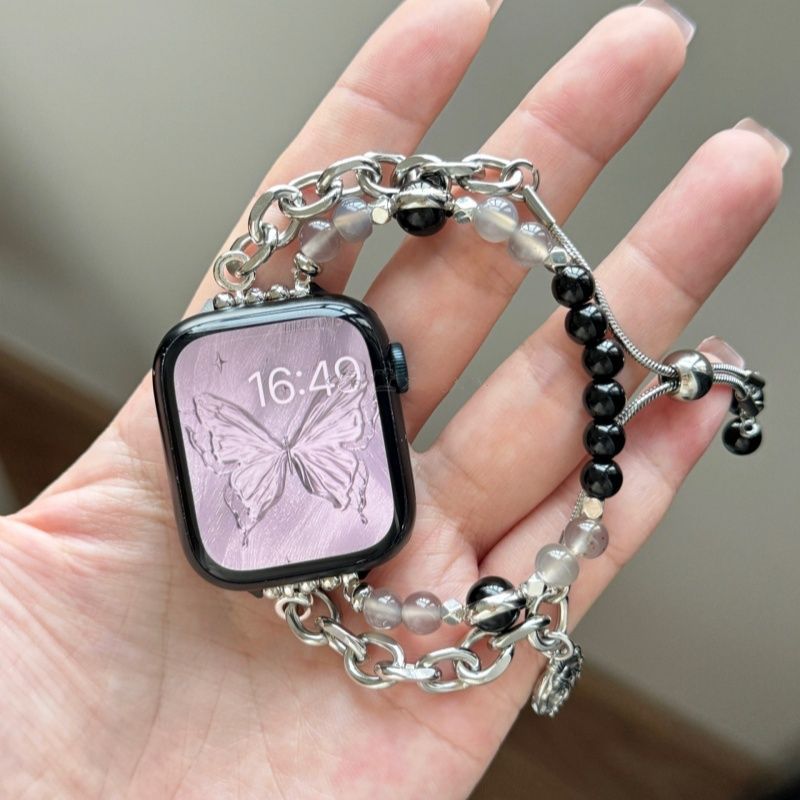 Compatible with Apple iWatch S10 Ultra 8 (976543) watch with Chanel-style cat's eye stone chain for women.