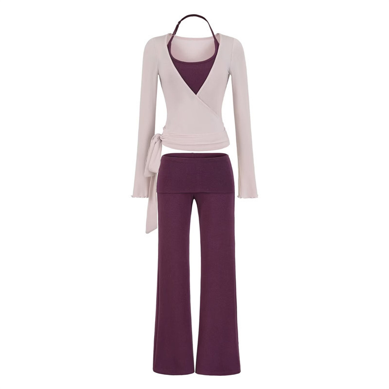 Ballet-Style Halter Neck Top + Long-Sleeve Tie-Up Cardigan + Cuffed Waist Drapey Flared Pants Three-Piece Set for Women