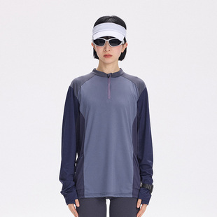 Sunscreen Quick-drying Cool-feeling Cycling Long-sleeved T-shirt Half-zipper Neutral Style Color-matching Retro Casual Sports Running Top