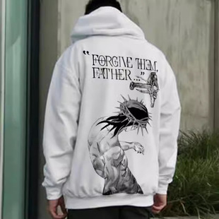 Cross-border Amazon Independent Station Men's and Women's fleece-lined Sweater Letters 2D Kangaroo Pocket Drawstring Cross Hoodie