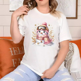 in stock 2024 Amazon TEMU New Cute Snowman Winter T-Shirt Fashion Casual Short Sleeve Top